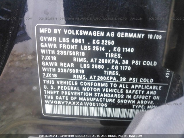 WVGBV7AXXAW001195 - 2010 VOLKSWAGEN TIGUAN SE/SEL BLACK photo 9