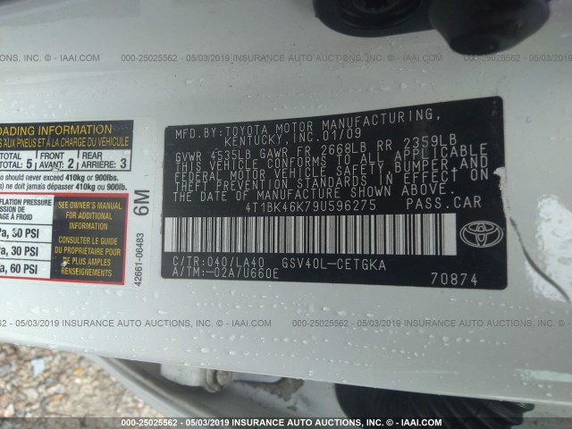 4T1BK46K79U596275 - 2009 TOYOTA CAMRY SE/LE/XLE WHITE photo 9