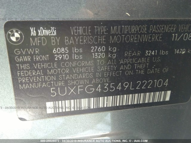 5UXFG43549L222104 - 2009 BMW X6 XDRIVE35I Boz foto 9