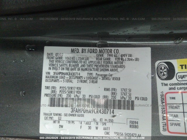 3FAHP0HA9CR430714 - 2012 FORD FUSION SE ნაცრისფერი ფოტო 9