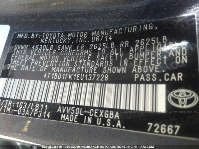 4T1BD1FK1EU137228 - 2014 TOYOTA CAMRY HYBRID/LE/XLE Сұр фото 9