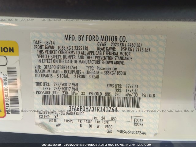 3FA6P0H73FR141764 - 2015 FORD FUSION SE 白色 照片 9