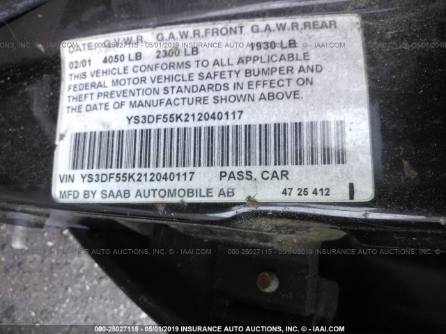 YS3DF55K212040117 - 2001 SAAB 9-3 SE BLACK photo 9