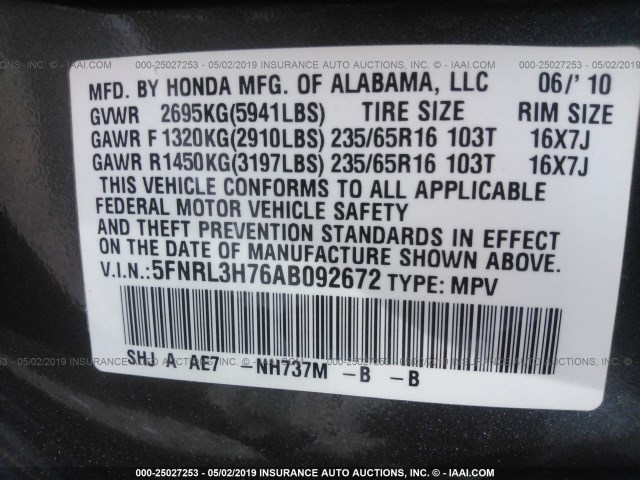 5FNRL3H76AB092672 - 2010 HONDA ODYSSEY EXL GRAY photo 9