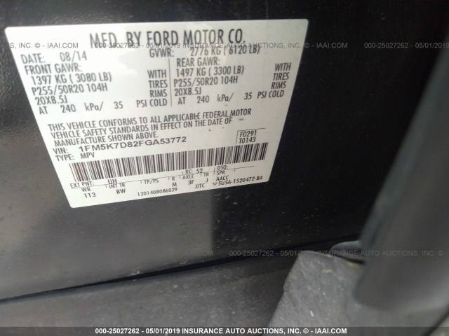 1FM5K7D82FGA53772 - 2015 FORD EXPLORER XLT BLACK photo 9