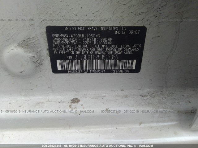 JF1GE61628H513355 - 2008 SUBARU IMPREZA 2.5I WHITE photo 9