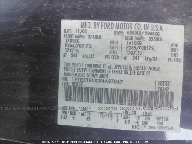 1FTRX18LX3NA87047 - 2003 FORD F150 BLACK photo 9