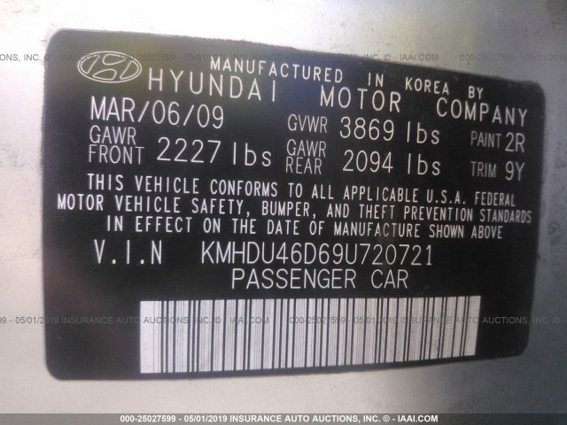 KMHDU46D69U720721 - 2009 HYUNDAI ELANTRA GLS/SE SILVER photo 9