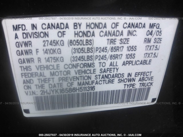 2HJYK16586H511316 - 2006 HONDA RIDGELINE RTL BLACK photo 9