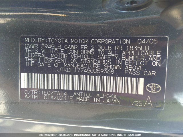JTKDE177450059368 - 2005 TOYOTA SCION TC BLACK photo 9