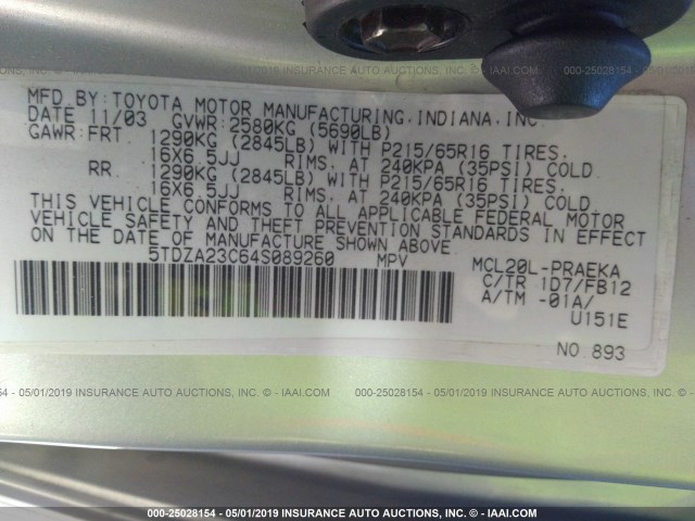 5TDZA23C64S089260 - 2004 TOYOTA SIENNA CE/LE SILVER photo 9