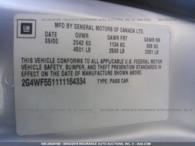 2G4WF551111164334 - 2001 BUICK REGAL GS Күміс фото 9