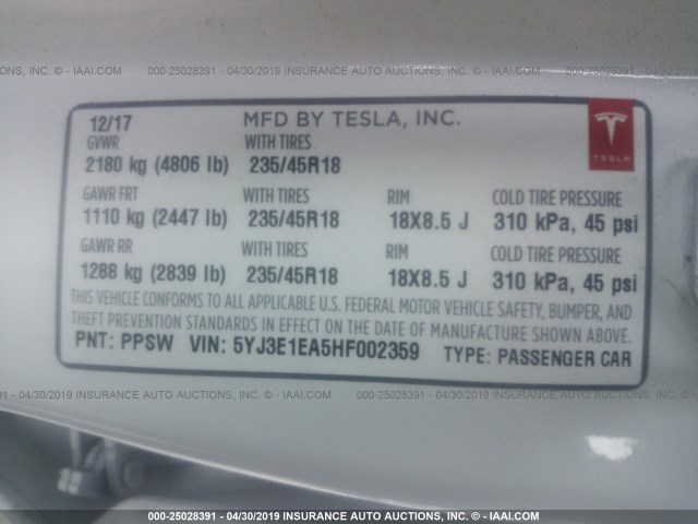 5YJ3E1EA5HF002359 - 2017 TESLA MODEL 3 WHITE photo 9