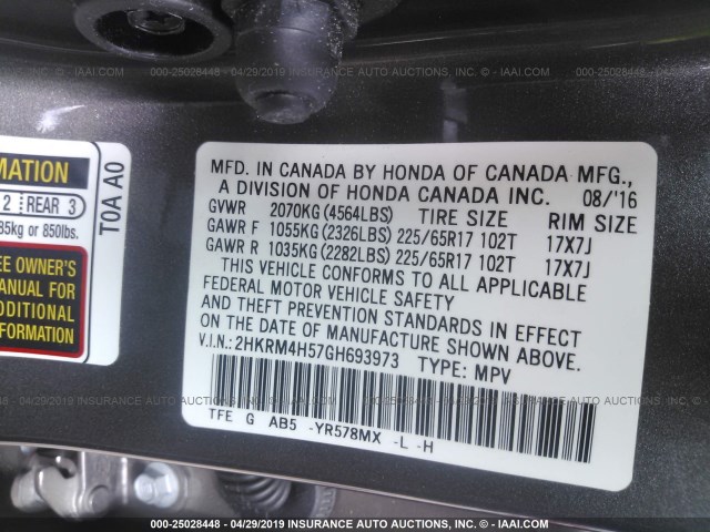 2HKRM4H57GH693973 - 2016 HONDA CR-V EX SILVER photo 9