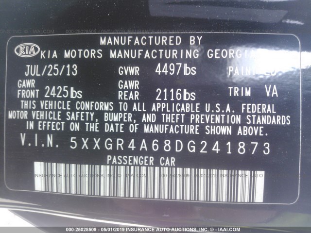 5XXGR4A68DG241873 - 2013 KIA OPTIMA SX BLACK photo 9