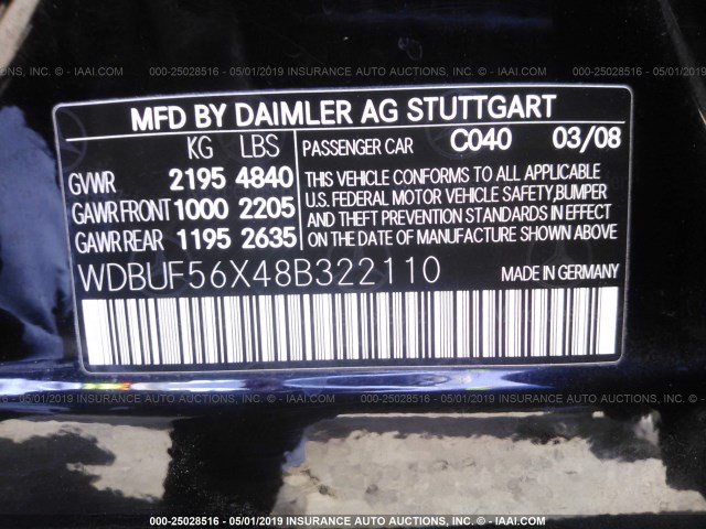 WDBUF56X48B322110 - 2008 MERCEDES-BENZ E 350 BLACK photo 9