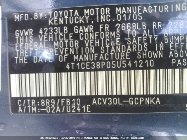 4T1CE38P05U541210 - 2005 TOYOTA CAMRY SOLARA SE/SLE BLUE photo 9