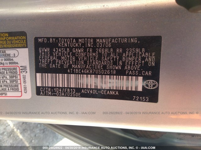 4T1BE46K87U502618 - 2007 TOYOTA CAMRY NEW GENERAT CE/LE/XLE/SE SILVER photo 9