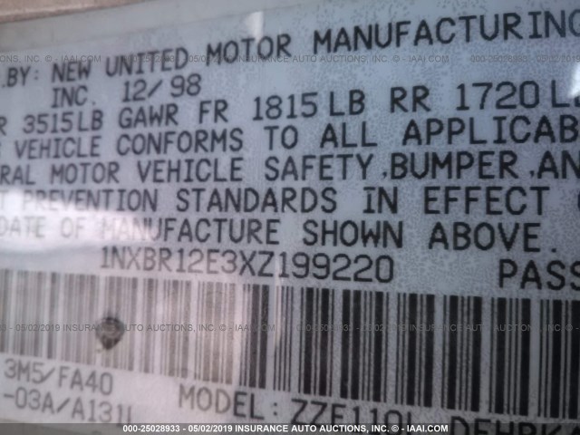 1NXBR12E3XZ199220 - 1999 TOYOTA COROLLA VE/CE/LE 银色 照片 9