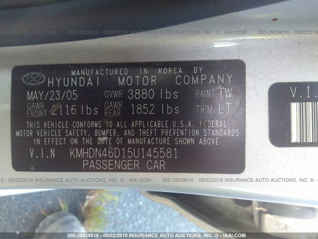 KMHDN46D15U145581 - 2005 HYUNDAI ELANTRA GLS/GT SILVER photo 9