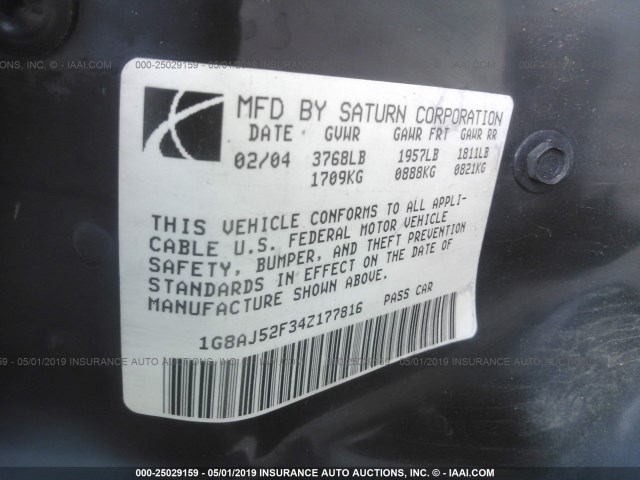1G8AJ52F34Z177816 - 2004 SATURN ION LEVEL 2 白色 照片 9
