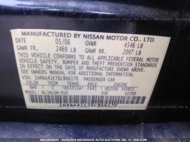 1N4BA41E76C866170 - 2006 NISSAN MAXIMA SE/SL Dark Blue photo 9