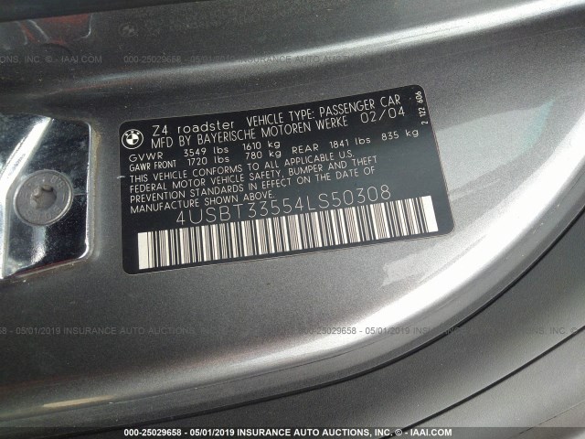 4USBT33554LS50308 - 2004 BMW Z4 2.5 GRAY photo 9