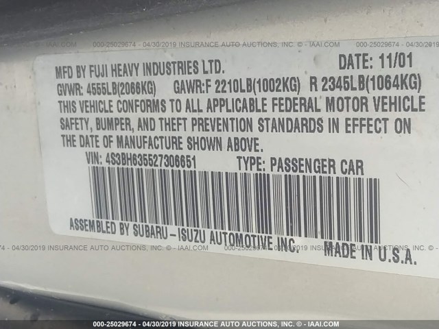 4S3BH635527306651 - 2002 SUBARU LEGACY L SILVER photo 9