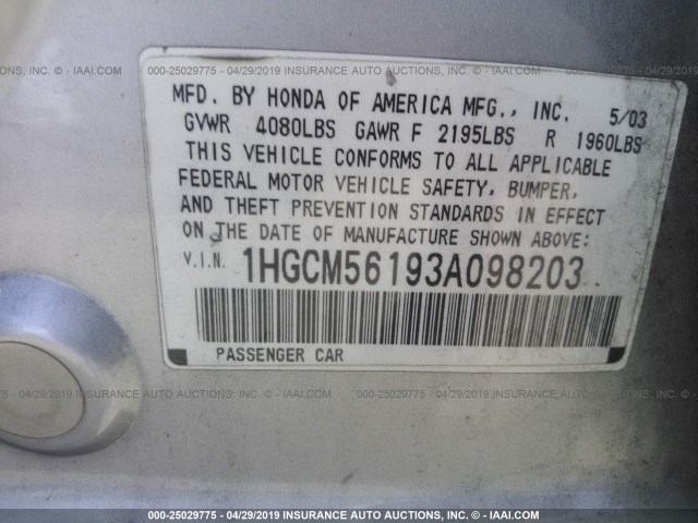 1HGCM56193A098203 - 2003 HONDA ACCORD DX SILVER photo 9