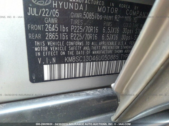 KM8SC13D46U050885 - 2006 HYUNDAI SANTA FE GLS/LIMITED SILVER photo 9