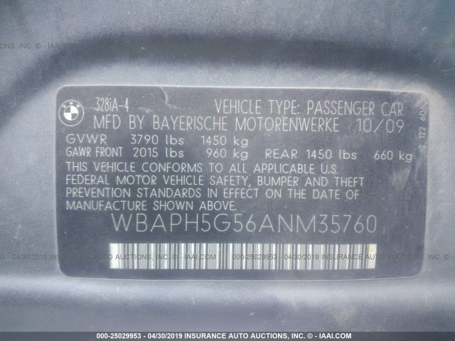 WBAPH5G56ANM35760 - 2010 BMW 328 I SULEV SILVER photo 9