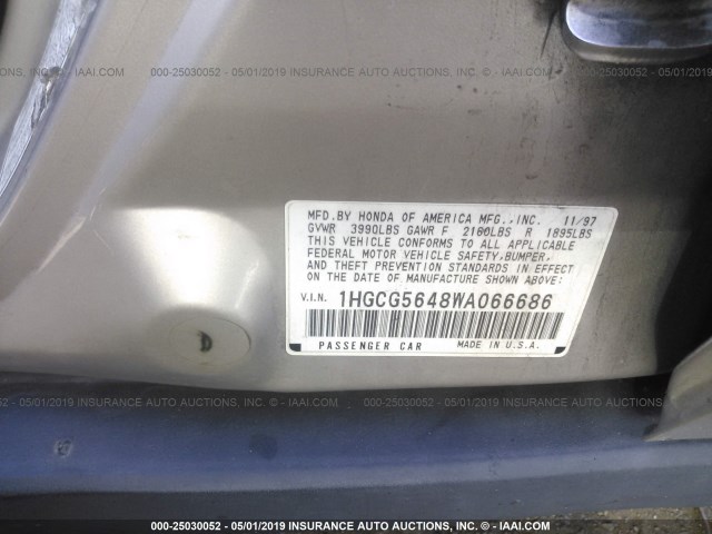 1HGCG5648WA066686 - 1998 HONDA ACCORD LX SILVER photo 9