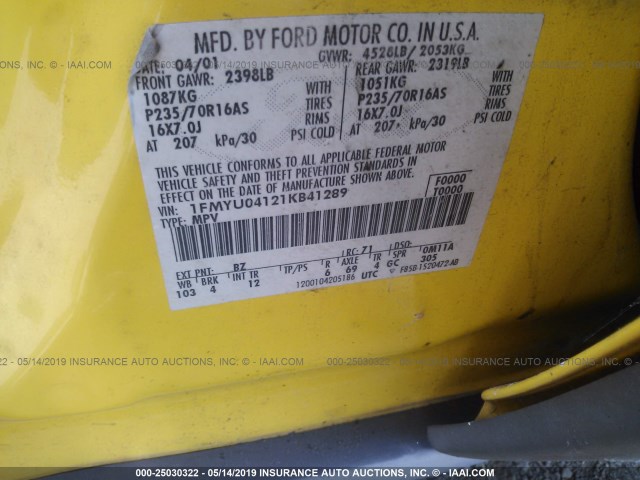 1FMYU04121KB41289 - 2001 FORD ESCAPE XLT YELLOW photo 9