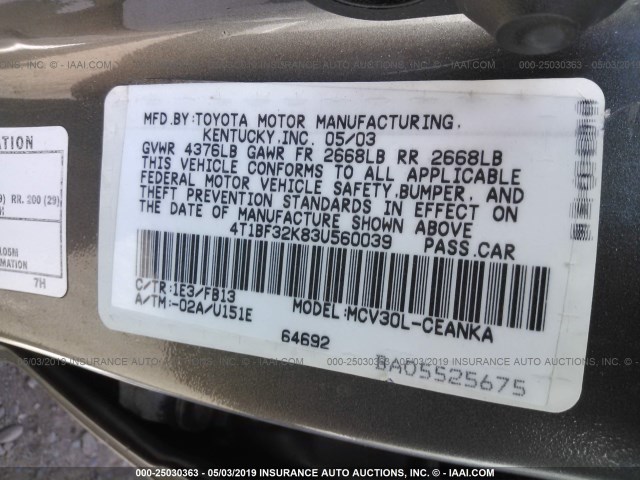 4T1BF32K83U560039 - 2003 TOYOTA CAMRY LE/XLE/SE GRAY photo 9