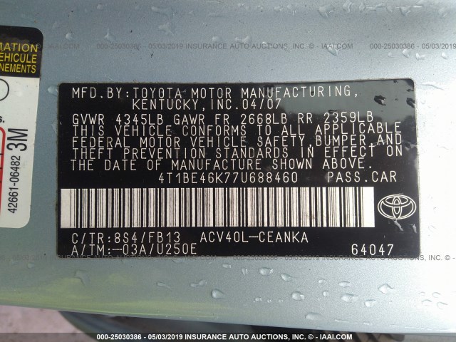 4T1BE46K77U688460 - 2007 TOYOTA CAMRY NEW GENERAT CE/LE/XLE/SE Light Blue photo 9