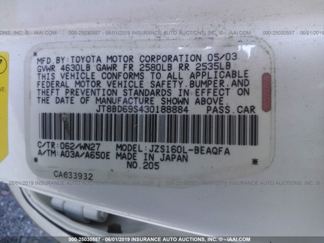 JT8BD69S430188884 - 2003 LEXUS GS 300 GRAY photo 9