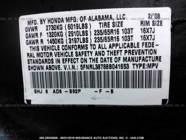 5FNRL38788B041653 - 2008 HONDA ODYSSEY EXL BLACK photo 9