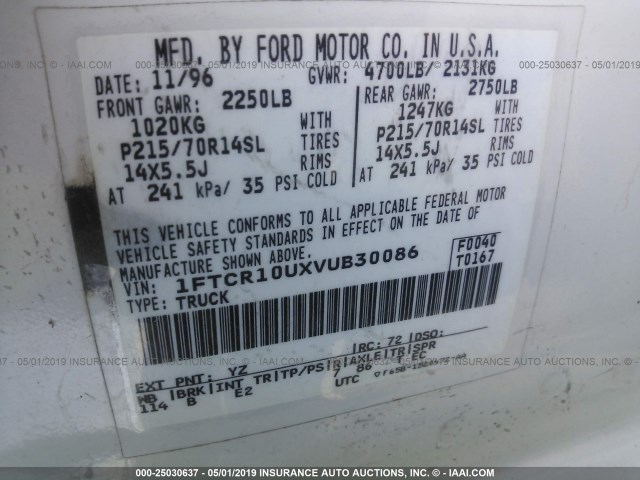 1FTCR10UXVUB30086 - 1997 FORD RANGER WHITE photo 9