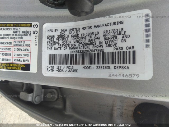 1NXBR32EX8Z047982 - 2008 TOYOTA COROLLA CE/LE/S GRAY photo 9