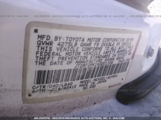 JT2BF28K1X0201336 - 1999 TOYOTA CAMRY LE/XLE WHITE photo 9