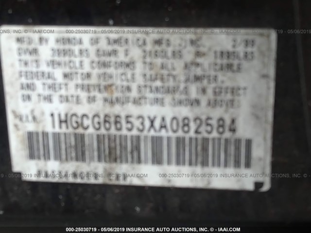 1HGCG6653XA082584 - 1999 HONDA ACCORD LX BLACK photo 9