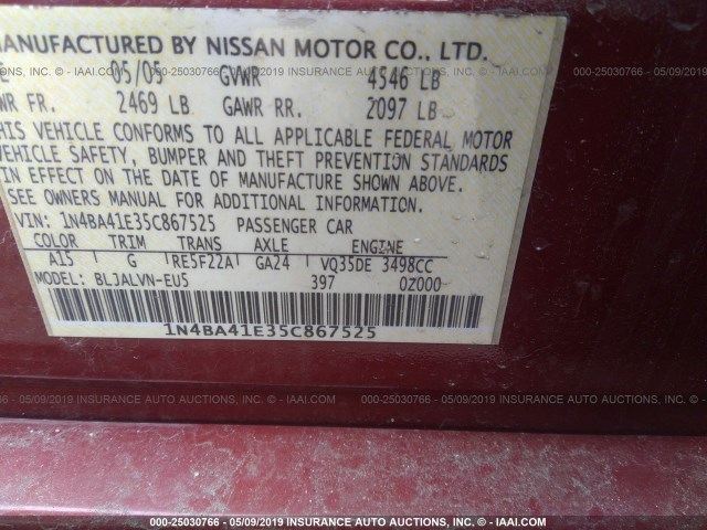 1N4BA41E35C867525 - 2005 NISSAN MAXIMA SE/SL RED photo 9