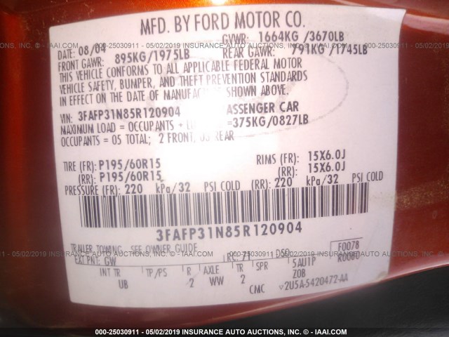 3FAFP31N85R120904 - 2005 FORD FOCUS ZX3 ORANGE photo 9