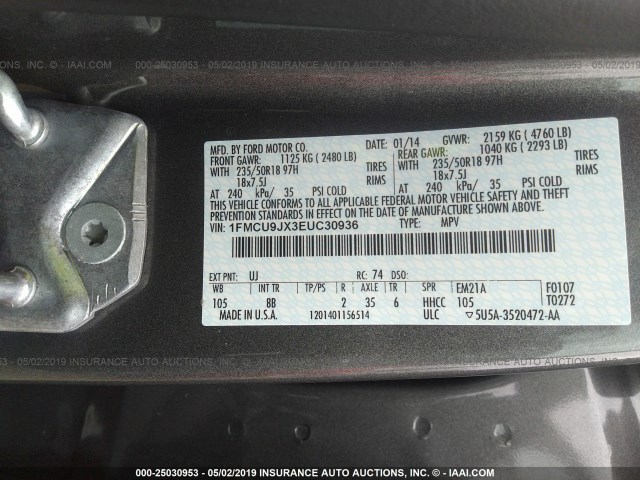 1FMCU9JX3EUC30936 - 2014 FORD ESCAPE TITANIUM GRAY photo 9