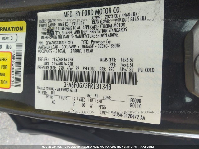 3FA6P0G73FR131348 - 2015 FORD FUSION S BLACK photo 9