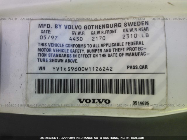 YV1KS9600W1126242 - 1998 VOLVO S90 WHITE photo 9