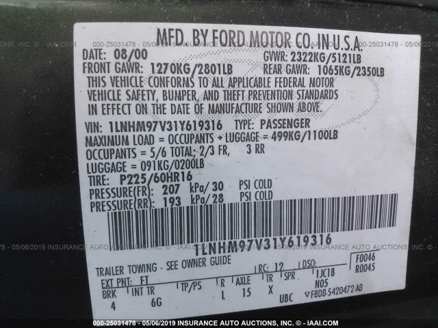 1LNHM97V31Y619316 - 2001 LINCOLN CONTINENTAL  绿色 照片 9