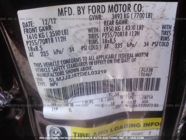 5LMJJ2J57DEL03219 - 2013 LINCOLN NAVIGATOR 栗色 照片 9