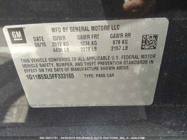 1G11B5SL5FF333165 - 2015 CHEVROLET MALIBU LS GRAY photo 9