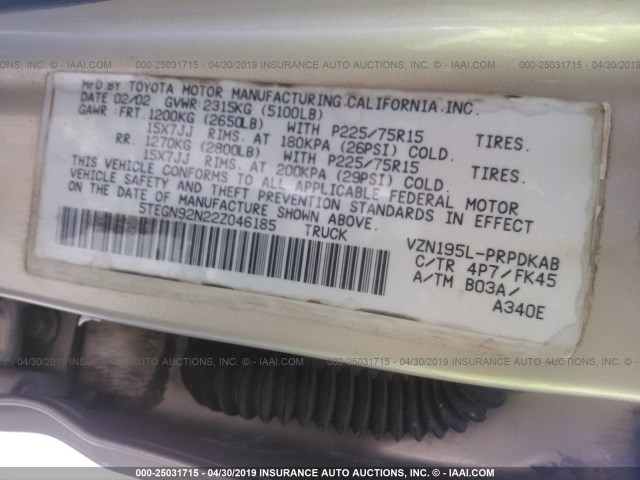 5TEGN92N22Z046185 - 2002 TOYOTA TACOMA DOUBLE CAB PRERUNNER GOLD photo 9